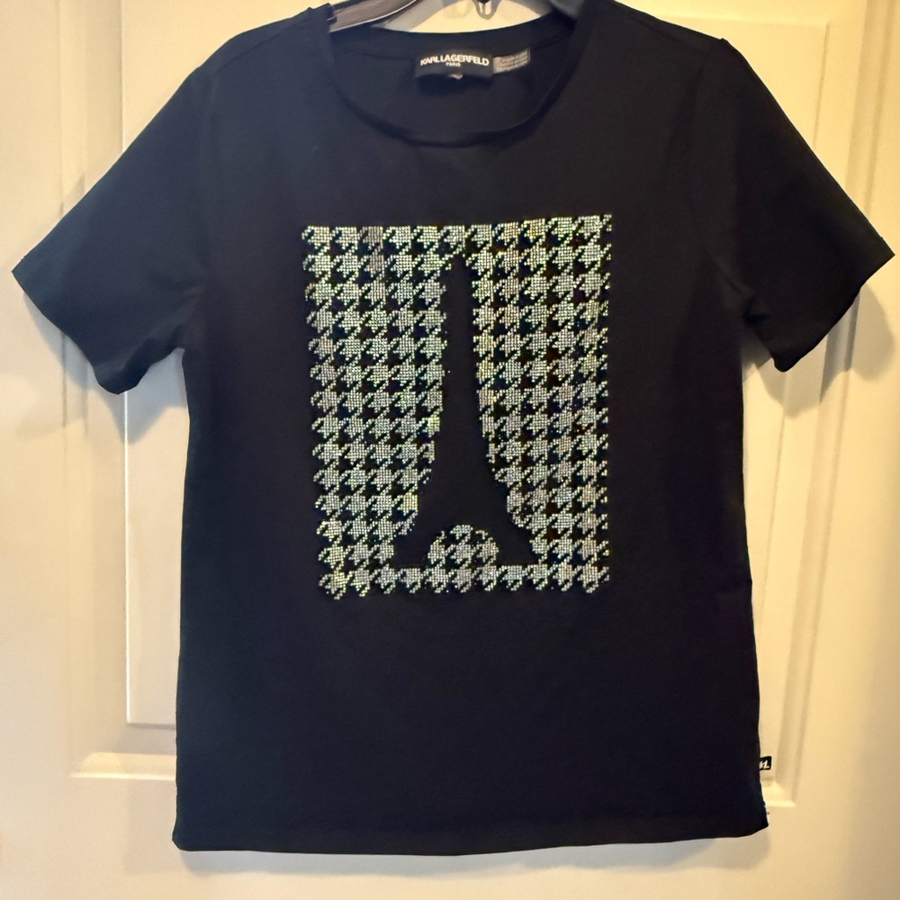 Karl Lagerfeld Black Tee with Silver Rhinestone Detail